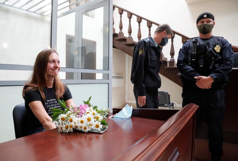 Russian journalist Svetlana Prokopyeva charged with publicly justifying terrorism attends a court hearing in Pskov