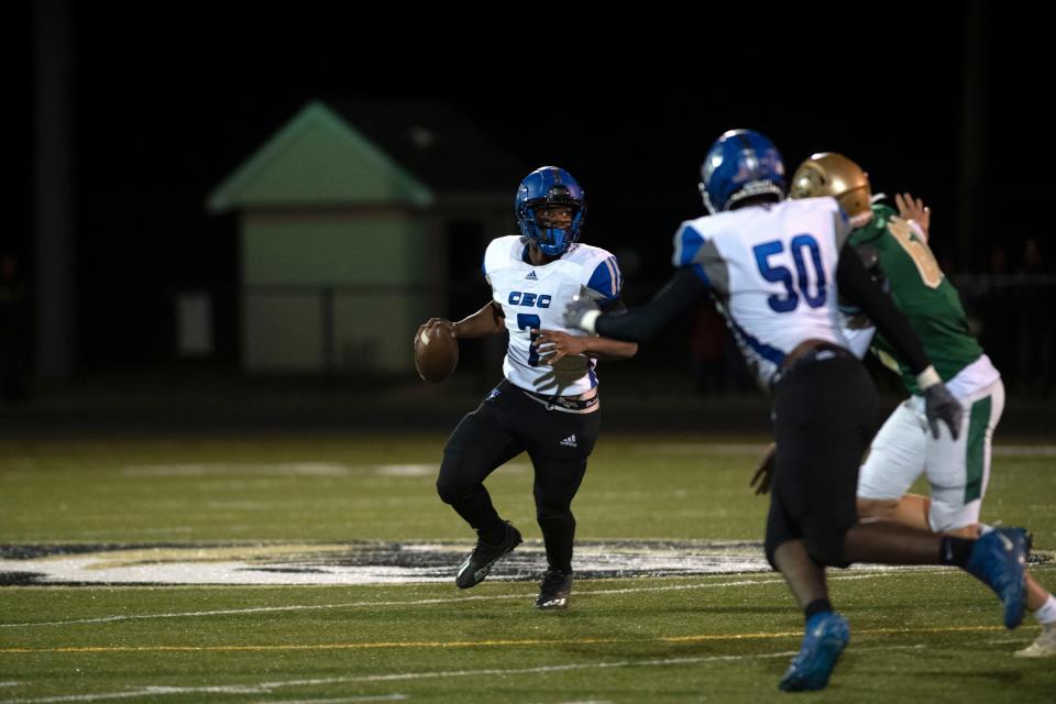 Conwell-Egan Catholic sophomore Sincere Fairey looks down the field to pass at Harry S. Truman High School football field in Levittown on Friday, Sept. 23, 2022. Lansdale Catholic defeated Conwell-Egan Catholic 10-0.