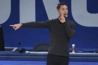 Brooklyn Nets coach Steve Nash points during the third quarter of the team's NBA basketball game against the New York Knicks on Wednesday, Jan. 13, 2021, in New York. (Brad Penner/Pool Photo via AP)