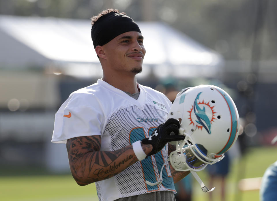 Miami’s Kenny Stills and Albert Wilson knelt during the preseason opener. (AP)