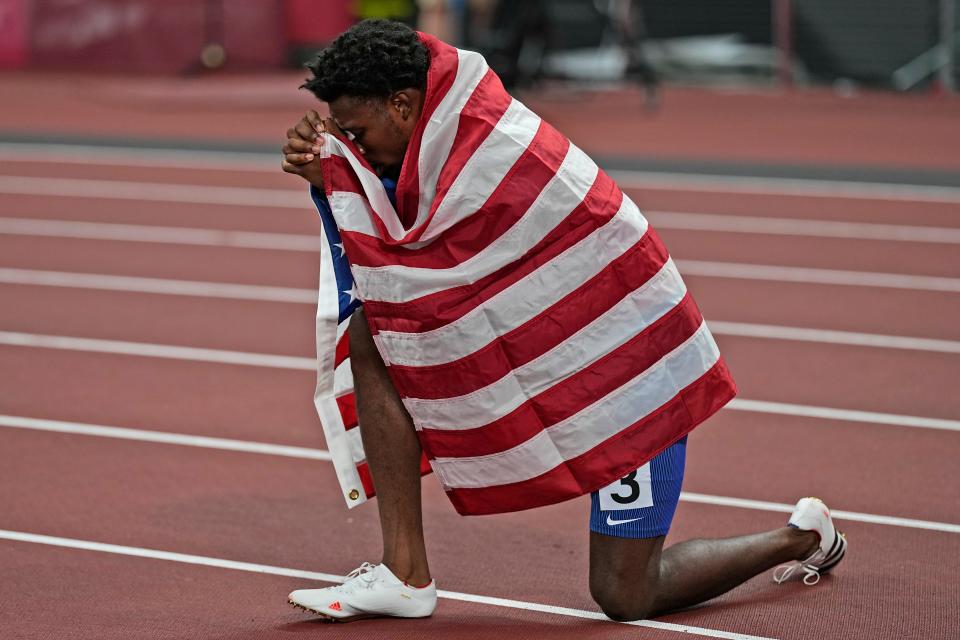 The USA's Noah Lyles reacts after his third-place finish in the final of the men's 200 meters at the Tokyo Olympics.