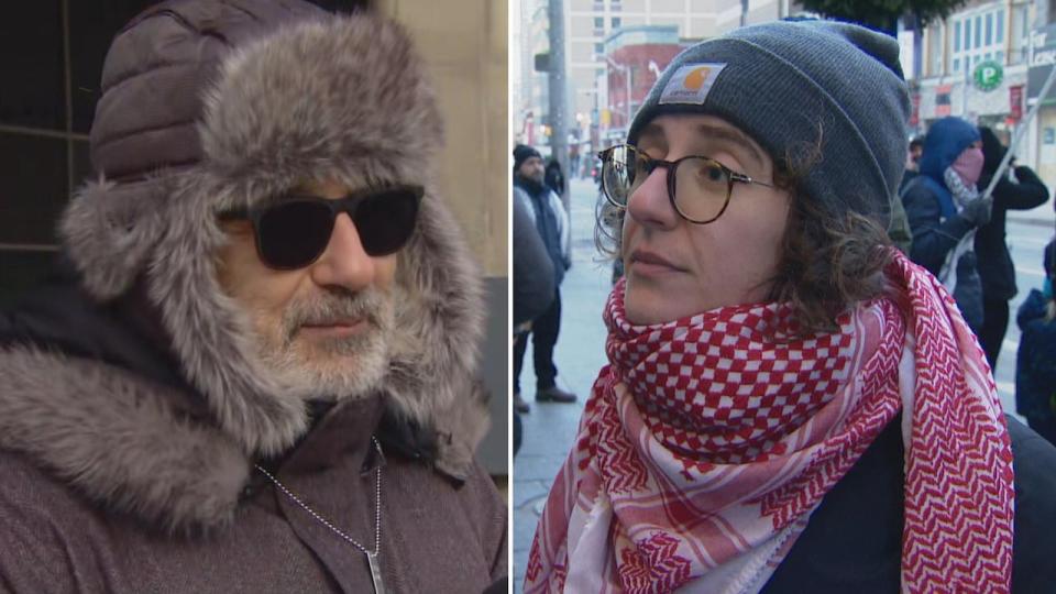 Torontonians gathered in the city for different demonstrations to mark the 100th day of the Israel-Hamas war. Avi Attali, left, helped organize the vigil in Nathan Phillips Square to once more call for the release of roughly 130 hostages still held by Hamas. Dalia Awwad, right, joined others in front of the Consulate General of Israel in Toronto to call for a ceasefire in Gaza. (Prasanjeet Choudhury/CBC - image credit)