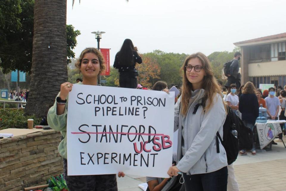 Hundreds of students gathered on the steps of the Davidson Library on the UCSB campus on Friday, Nov. 5, 2021, to protest the proposed Munger Hall dormitory and the university’s lack of response during the housing crisis.