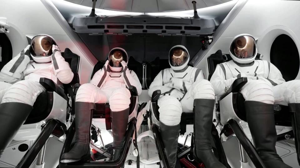 The crew of Polaris Dawn are seen in their SpaceX suits while training for the mission.