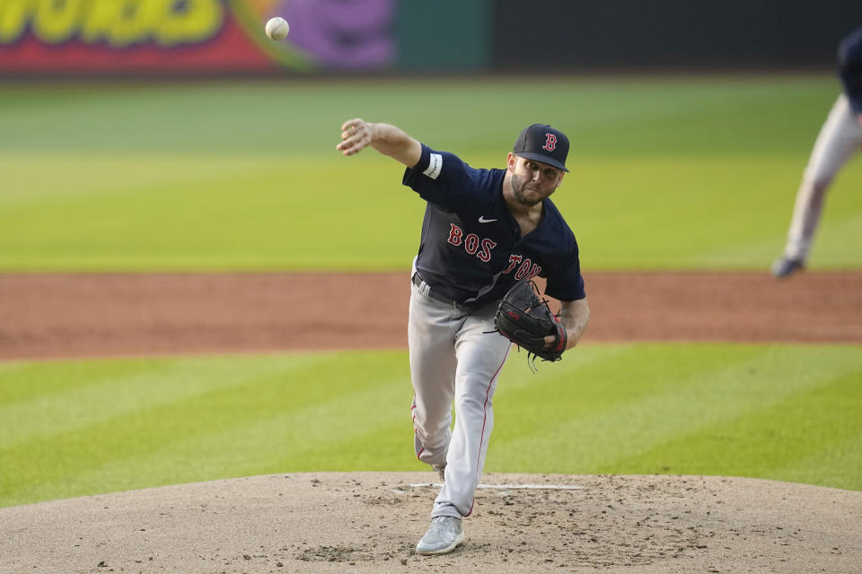 Boston Red Sox starter Kutter Crawford pitches during the first inning of the team's baseball game against the Cleveland Guardians, Wednesday, June 7, 2023, in Cleveland. (AP Photo/Sue Ogrocki)