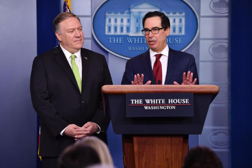 Secretary of State Mike Pompeo and Treasury Secretary Steve Mnuchin announce sanctions targeting eight senior Iranian officials. (AFP via Getty Images)