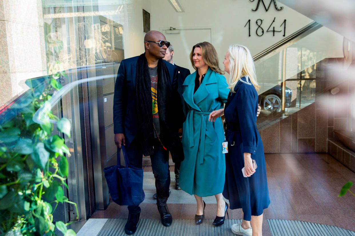 Norwegian princess Martha Louise and shaman Durek Verrett are seen after taking part in the morning show "God Morgen Norge" at the TV2 studio in Oslo, Norway, May 16 2019. NTB Scanpix/Lise Aserud via REUTERS.  ATTENTION EDITORS - THIS IMAGE WAS PROVIDED BY A THIRD PARTY. NORWAY OUT. NO COMMERCIAL OR EDITORIAL SALES IN NORWAY.