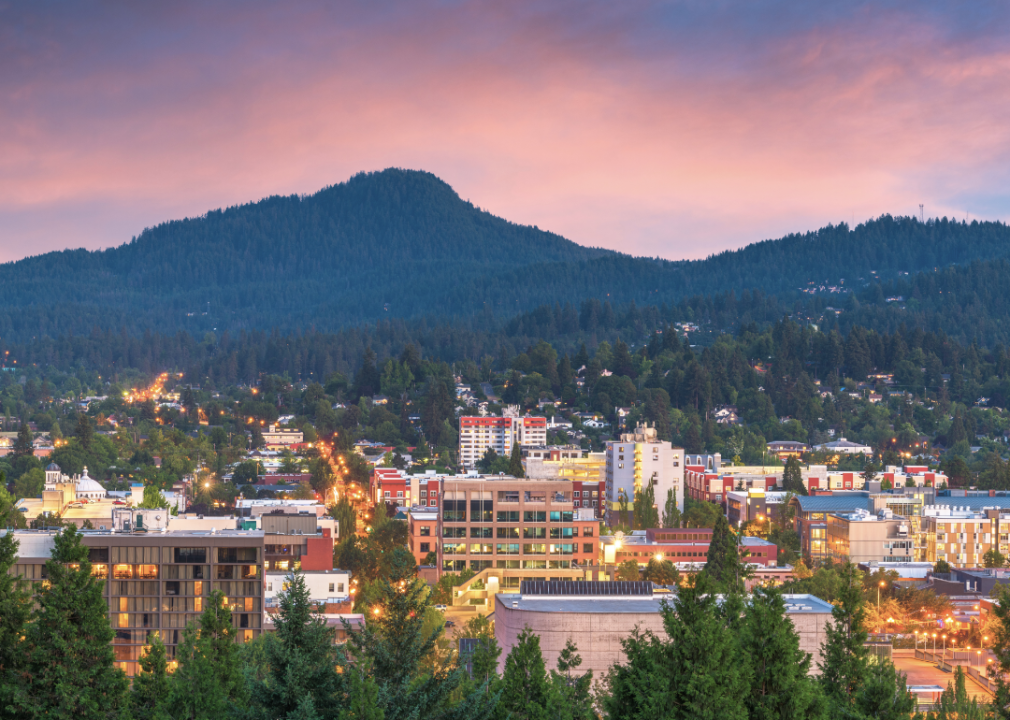A view of the Eugene skyline at dusk.