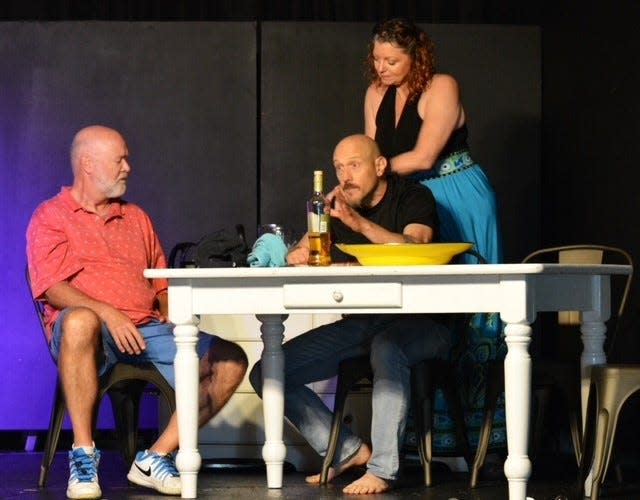 David Hill plays "Kev Robins," Ben Ruyle plays "Roger Quill" and Becky Behl-Hill plays "Kat Robins" in the original play "Five Frickin Winters," on stage at the Viera Studio on June 3-5, 2022. Visit thevierastudio.com.