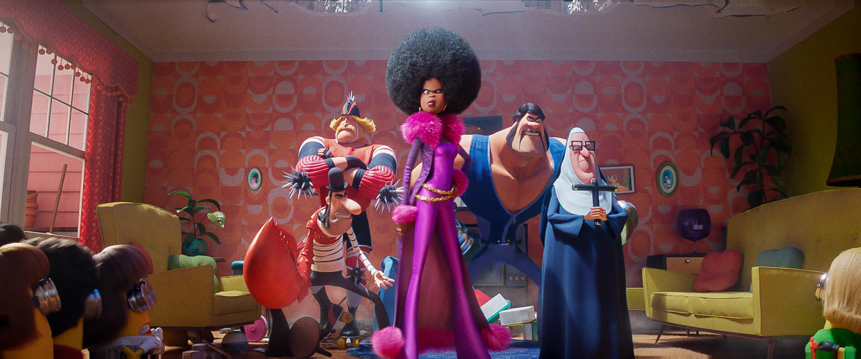 Svengeance (Dolph Lundgren), Jean Clawed (Jean-Claude Van Damme), Belle Bottom (Taraji P. Henson), Stronghold (Danny Trejo) and Nunchuck (Lucy Lawless) in Illumination’s Minions: The Rise of Gru, directed by Kyle Balda. - Credit: llumination Entertainment & Univ