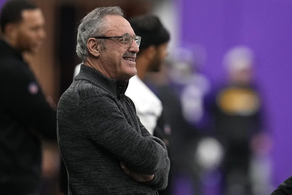 Minnesota Vikings owner Zygi Wilf watches during an NFL football team practice in Eagan, Minn., Wednesday, Jan. 11, 2023. The Vikings will play the New York Giants in a wild-card game on Sunday. (AP Photo/Abbie Parr)