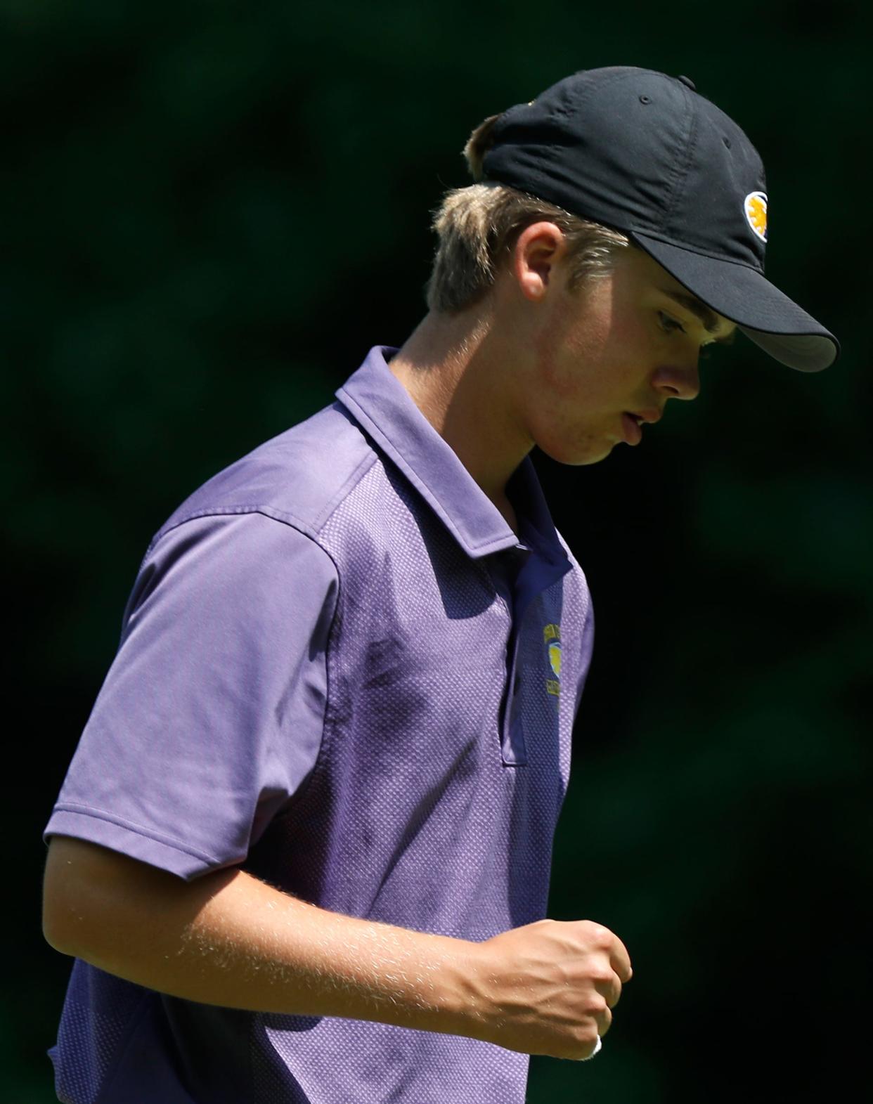 Guerin Catholic Eli Wessel reacts to his putt during the IHSAA boys golf regional, Friday, June 9, 2023, at Coyote Crossing Golf Course in West Lafayette, Ind. 