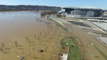 <p>This aerial image shows the flooded Ohio River near Paul Brown Stadium in Cincinnati, Ohio on Monday, Feb. 26, 2018. (Photo: DroneBase via AP) </p>