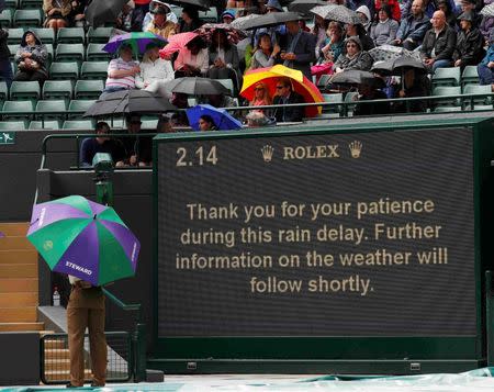 Britain Tennis - Wimbledon - All England Lawn Tennis & Croquet Club, Wimbledon, England - 1/7/16 The scoreboard on court 1 displays a message as spectators wait during a rain delay REUTERS/Andrew Couldridge