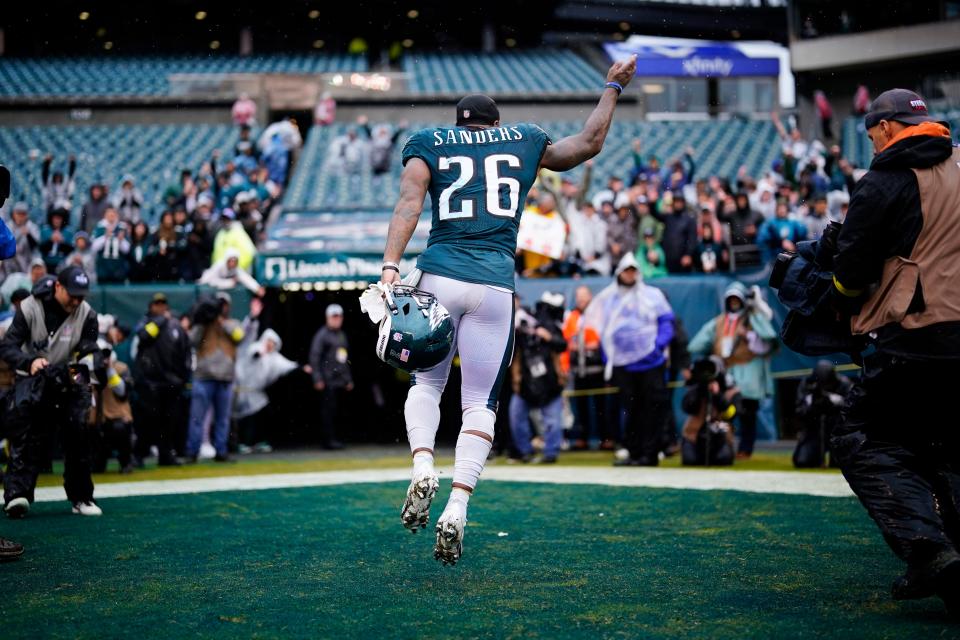 Philadelphia Eagles' Miles Sanders runs off the field after defeating the Jacksonville Jaguars in an NFL football game Sunday, Oct. 2, 2022, in Philadelphia. (AP Photo/Matt Slocum)