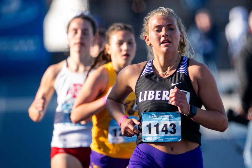 Iowa City Liberty's Cori Mac runs the girls 3000 at the Drake Relays on Thursday. Mac has battled injury issues all season but still finished with her best time on the year Thursday, finishing in 13th place.