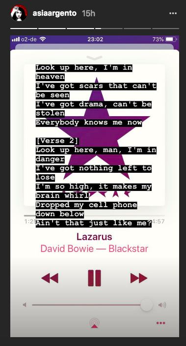 Argento has been listening to David Bowie’s “Lazarus” since Anthony Bourdain died. “Look up here, I’m in heaven,” it begins. (Image: Asia Argento via Instagram)