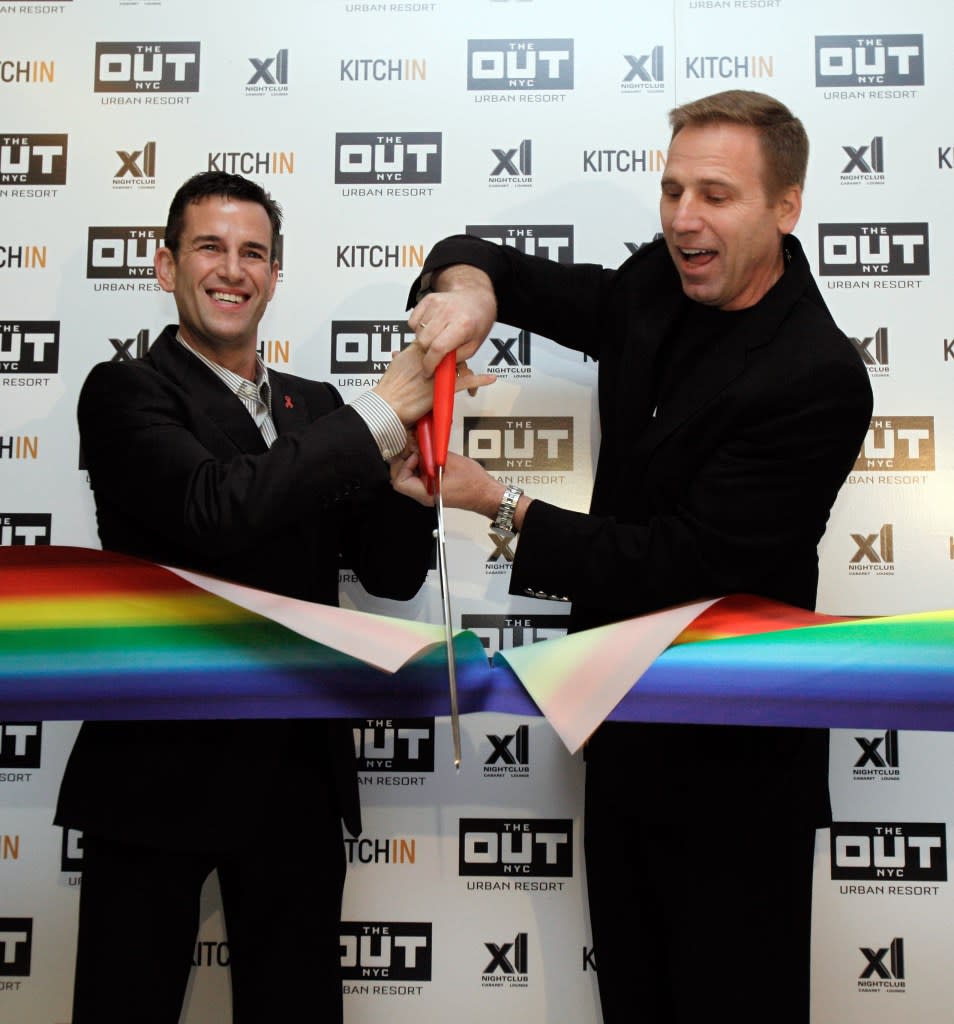 It’s a return for Ian Reisner (left with Out NYC co-owner Mati Weiderpass) who previously co-founded the gay-friendly Out NYC hotel in the same space in 2012. AP