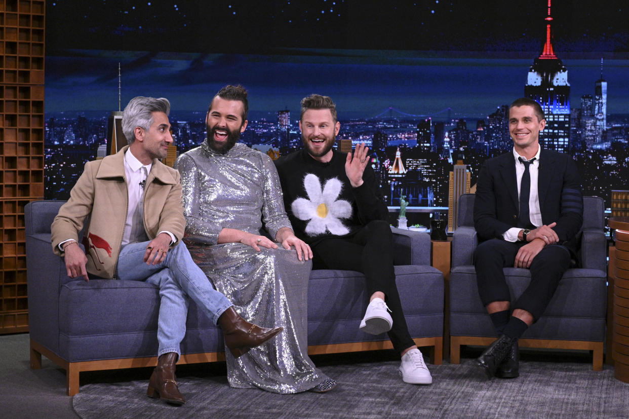The cohosts of Queer Eye (Tan France, Jonathan Van Ness, Bobby Berk, Antoni Porowski) during an interview in 2022 on "THE TONIGHT SHOW STARRING JIMMY FALLON"