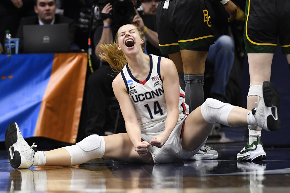 UConn's Dorka Juhasz (14) reacts in the second half of a second-round college basketball game after she was fouled while making a basket against Baylor in the NCAA Tournament, Monday, March 20, 2023, in Storrs, Conn. (AP Photo/Jessica Hill)