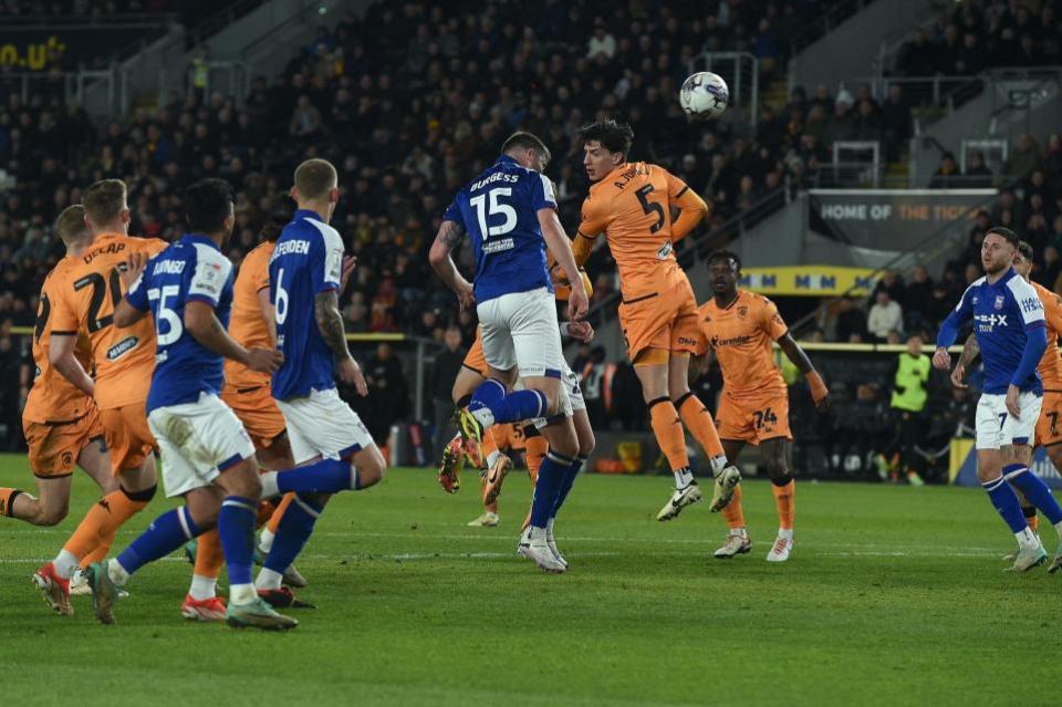 East Anglian Daily Times: Cameron Burgess hit the crossbar with this header.