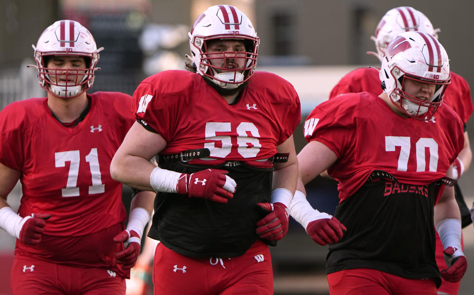 April 11, 2023; Madison, Wisconsin; Wisconsin offensive lineman Joe Brunner (56) is shown during practice Tuesday, April 11, 2023 at Camp Randall Stadium in Madison, Wisconsin. Mark Hoffman-USA TODAY Sports