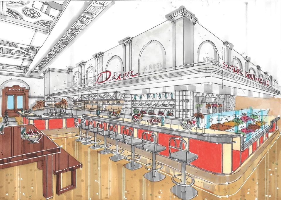 Rendering of soda fountain/diner counter in planned Kress Building food hall.