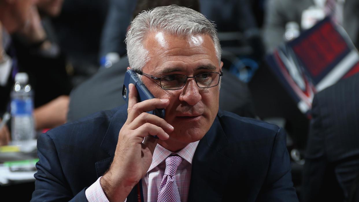 SUNRISE, FL - JUNE 27:  Head Coach Ron Francis of the Carolina Hurricanes looks on from the draft table during the 2015 NHL Draft at BB&T Center on June 27, 2015 in Sunrise, Florida.  (Photo by Dave Sandford/NHLI via Getty Images)