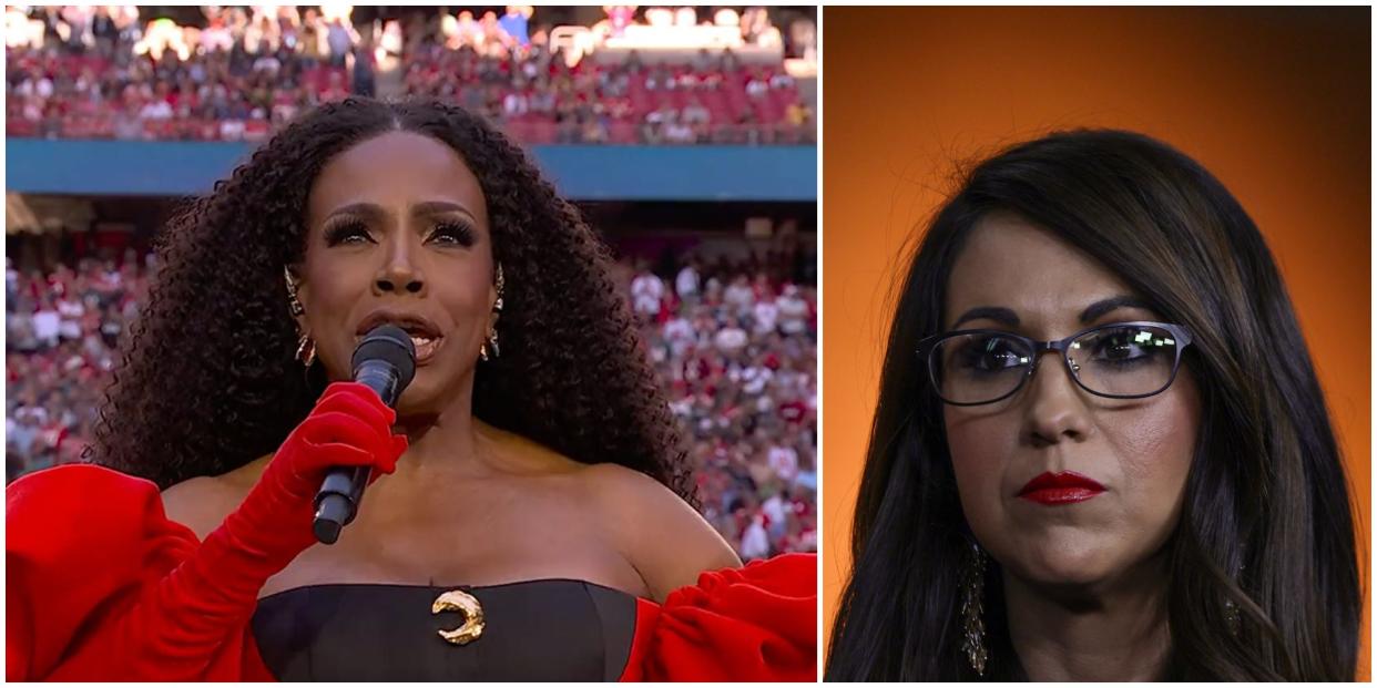 A two-part collage showing Sheryl Lee Ralph performing "Lift Every Voice and Sing" at the Superbowl on February 12, 2023 (L), and a headshot of an unsmiling Rep. Lauren Boebert in June 2022 against an orange background.