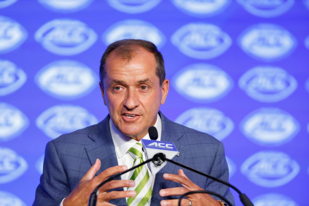 ACC commissioner Jim Phillips speaks to the media at the 2024 ACC Kickoff in Charlotte, N.C., Monday, July 22, 2024. (Photo by Nell Redmond/ACC)