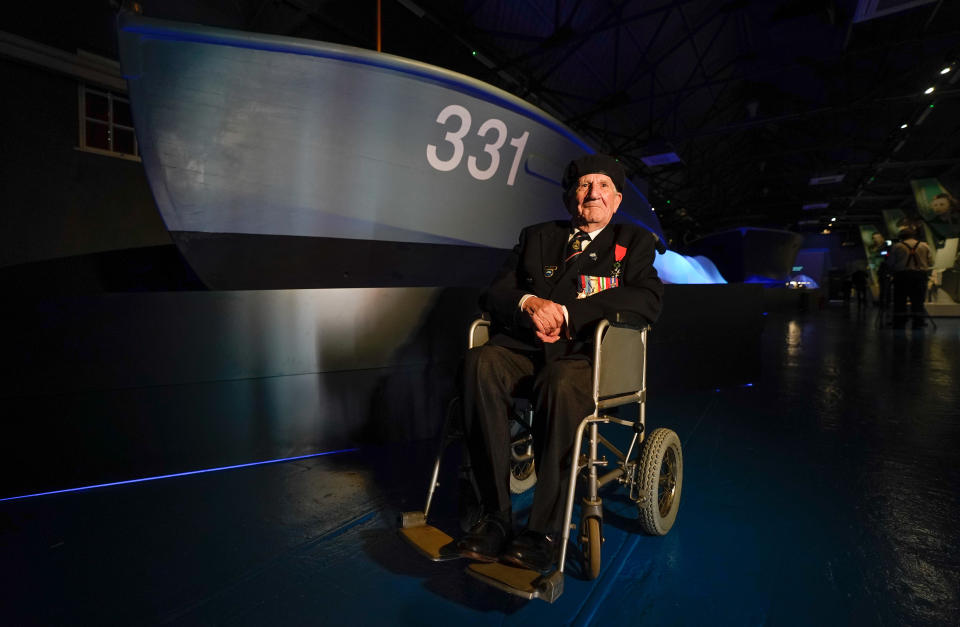<p>Second World War Coastal Forces veteran George Chandler, 96, who served as an Able Seaman on MTB 710, poses for a photograph in front of MTB 331 during a press preview for The Night Hunters: The Royal Navy's Coastal Forces at War exhibition at the Explosion Museum of Naval Firepower in Gosport, Hampshire. Picture date: Wednesday October 6, 2021.</p>
