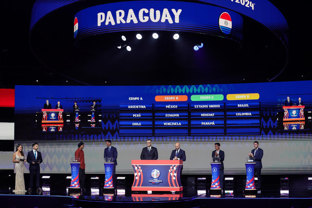 MIAMI, FLORIDA - DECEMBER 07: Paraguay is displayed after being selected during the official draw of CONMEBOL Copa America 2024 at James L. Knight Center on December 07, 2023 in Miami, Florida. (Photo by Megan Briggs/Getty Images)