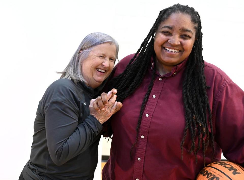 Myers Park girls head basketball coach Barbara Nelson, left and former Providence Day basketball star Konecka Drakeford, right, are the coach and player of the Sweet 16 era (1984-present) on Tuesday, March 19, 2024.