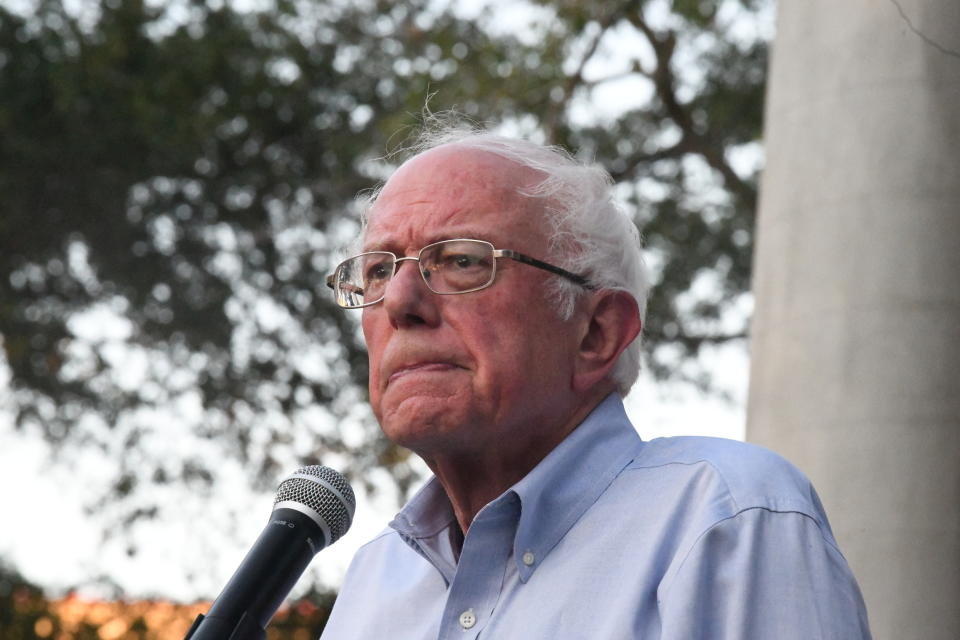 Presidential hopeful and Vermont Sen. Bernie Sanders addresses a town hall gathering on climate change on Thursday, Aug. 29, 2019, in Myrtle Beach, S.C. (AP Photo/Meg Kinnard)