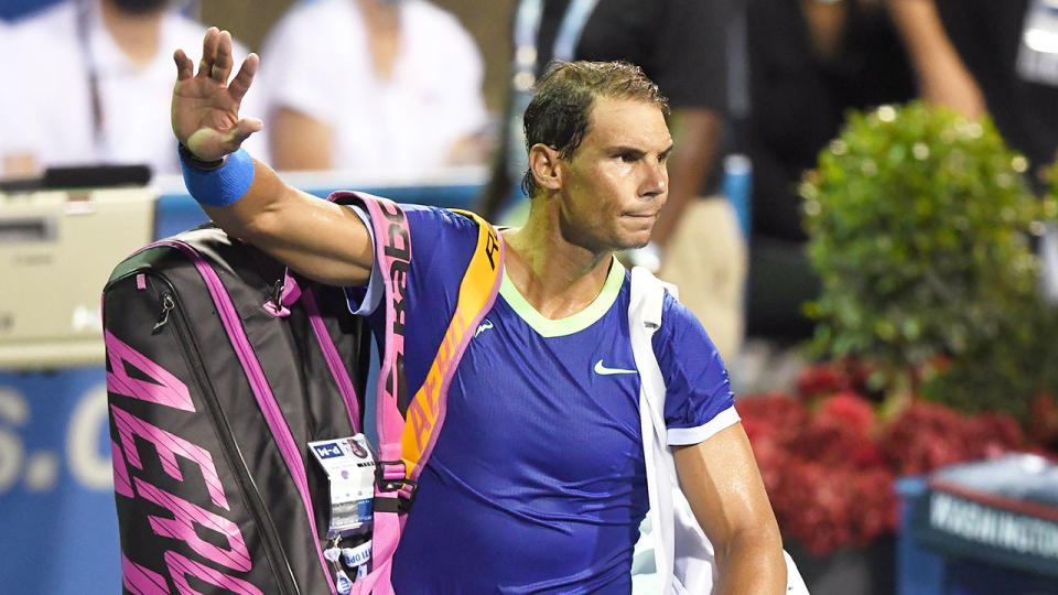 Seen here, Rafael Nadal bids goodbye after being knocked out in Washington.