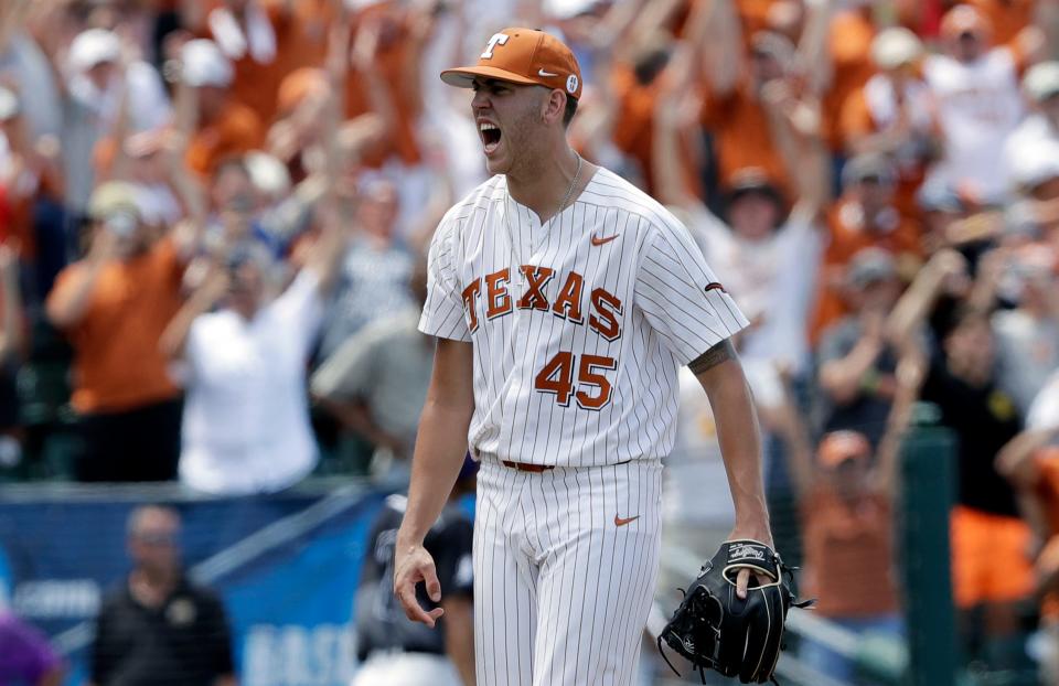 Texas pitcher Nolan Kingham celebrates the final out in a win over Tennessee Tech in a 2018 NCAA super regional at UFCU Disch-Falk Field. He recalled recently that for him, he felt no pressure as the Longhorns' designated Friday night starter.
