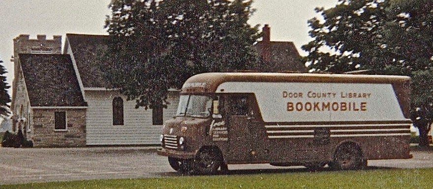 The Door County Bookmobile makes a stop at Salem Lutheran Church in rural Sturgeon Bay in a photo from the late 1960s or early '70s. The bookmobile has been out of service since 1989 but has been bought and restored and will return to making the rounds across the county.