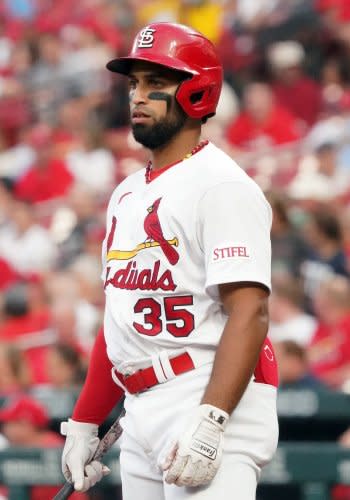 St. Louis Cardinals Nolan Arenado looks skywards after touching