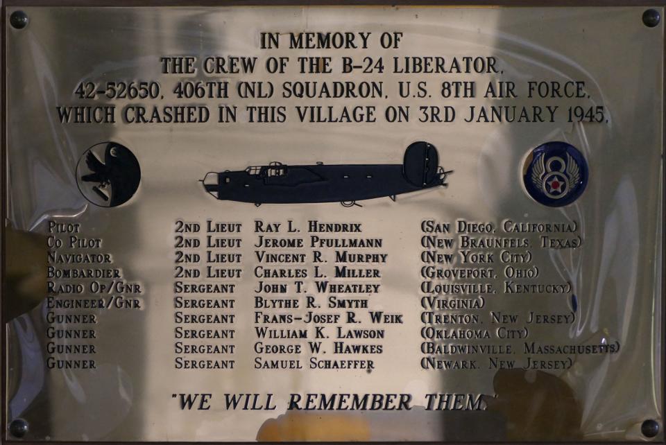 Sgt. George W. Hawkes, of Baldwinville, is listed on the marker for the B-24 Liberator that crash during World War II in the village of Aston-Clinton, in Cheddington, England.