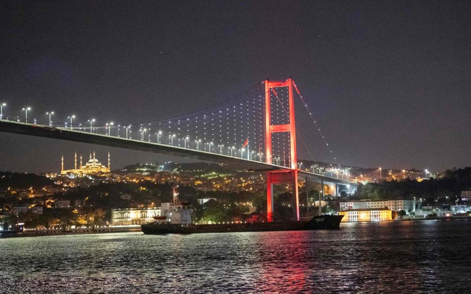 The Resilient Africa vessel sails along the Bosphorus Strait past Istanbul