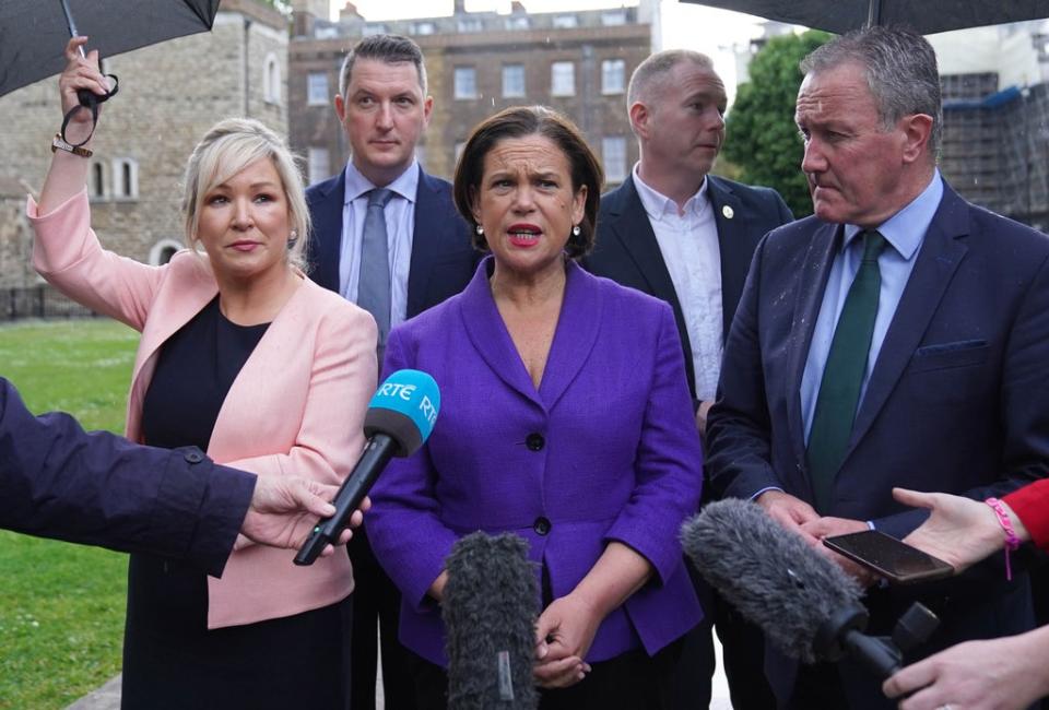 Sinn Fein’s Michelle O’Neill, Mary Lou McDonald and Conor Murphy outside the Palace of Westminster (Stefan Rousseau/PA) (PA Wire)