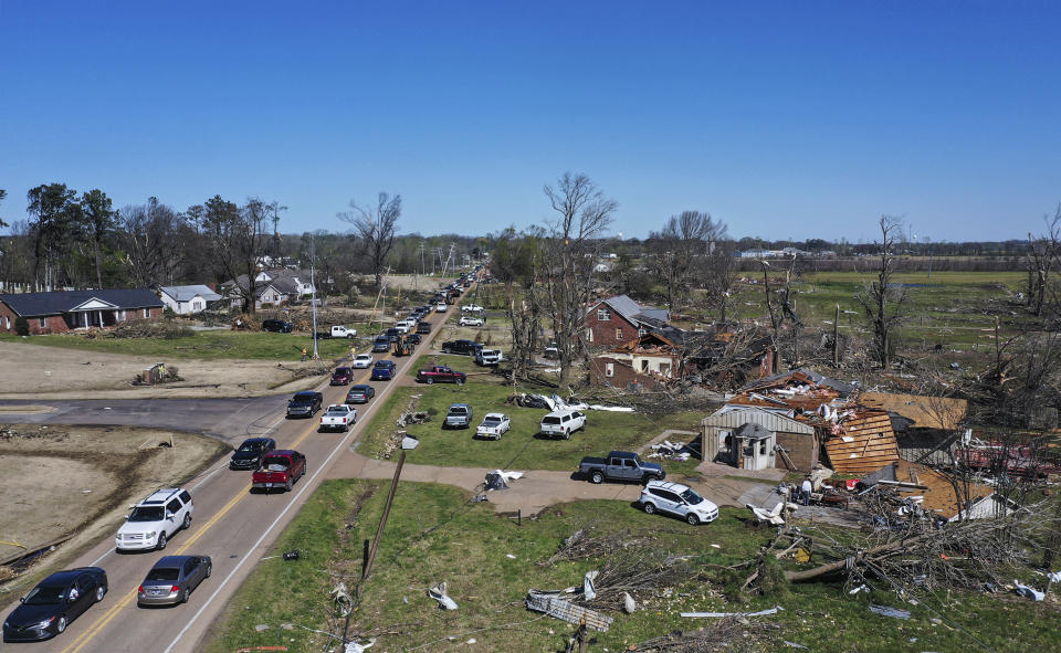 Traffic is backed up along one of the main thoroughfares in Covington, Tenn., Saturday, April 1, 2023. Storms that spawned possibly dozens of tornadoes have killed several people in the South and Midwest. (Patrick Lantrip/Daily Memphian via AP)