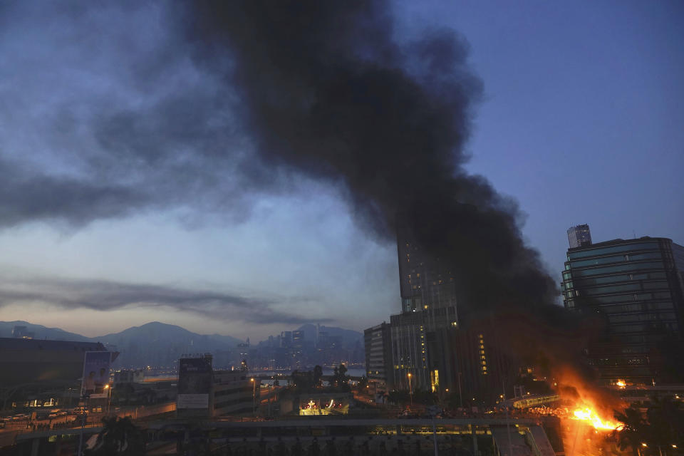 A fire burns near the campus of Hong Kong Polytechnic University in Hong Kong, early Nov. 18, 2019. (Photo: Vincent Yu/AP)