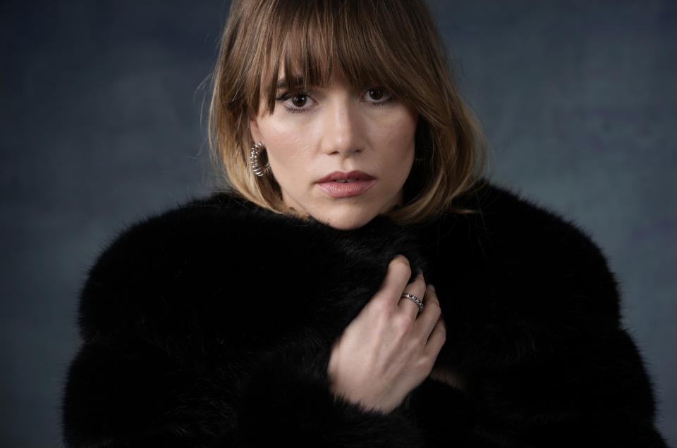 Suki Waterhouse, a cast member in the Amazon streaming miniseries "Daisy Jones and the Six," poses for a portrait at the Four Seasons Hotel, Tuesday, Feb. 21, 2023, in Los Angeles. (AP Photo/Chris Pizzello)