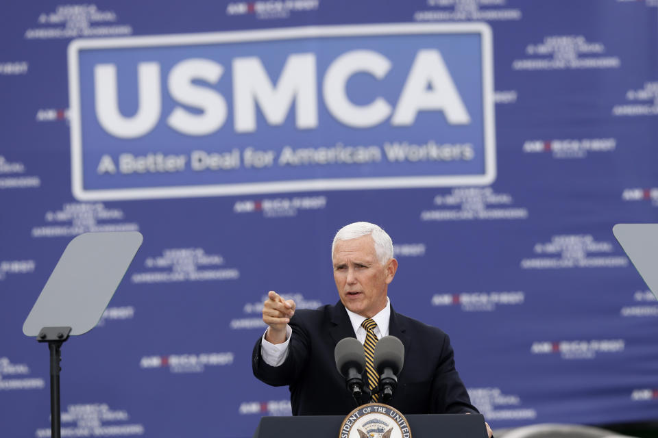 Vice President Mike Pence speaks during a visit to the Manning Farms, Wednesday, Oct. 9, 2019, in Waukee, Iowa. (AP Photo/Charlie Neibergall)