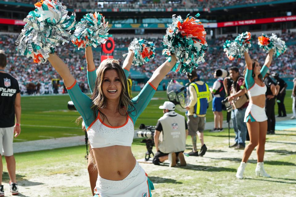 Nov 19, 2023; Miami Gardens, Florida, USA; A Miami Dolphins cheerleader performs during the first half between the Miami Dolphins and the Las Vegas Raiders at Hard Rock Stadium. Mandatory Credit: Jasen Vinlove-USA TODAY Sports