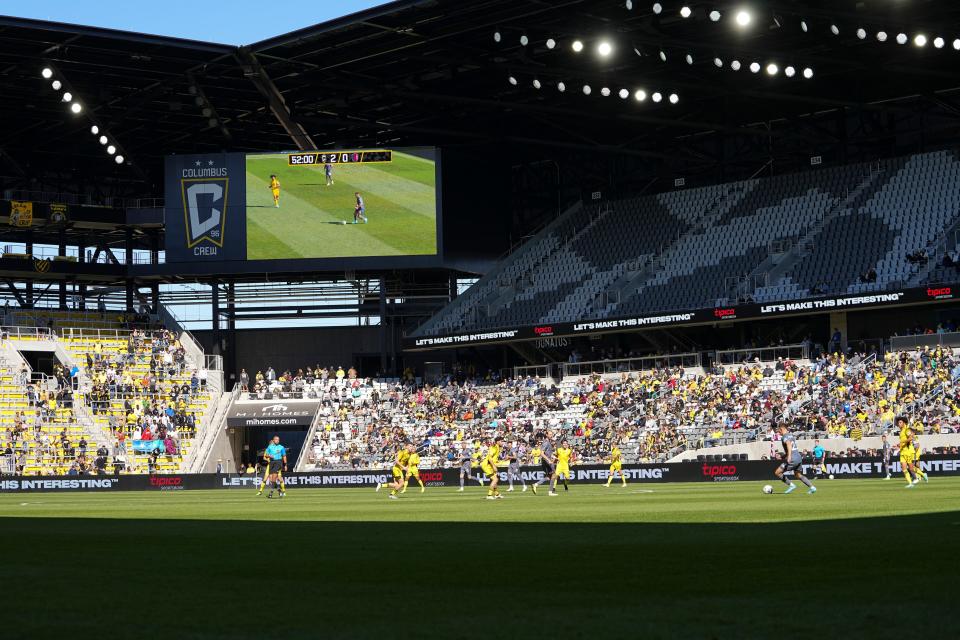 Oct 8, 2022; Columbus, Ohio, USA; The Columbus Crew 2 play the St. Louis CITY2 during the first half of the MLS NEXT Pro Cup Championship at Lower.com Field. Mandatory Credit: Adam Cairns-The Columbus Dispatch