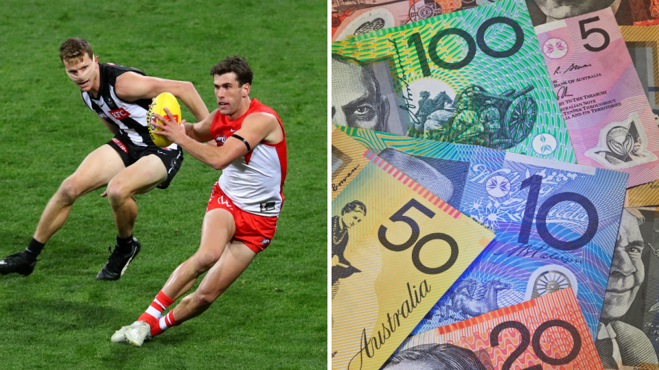 Sydney Swans and Collingwood AFL players mid-game and Australian currency.