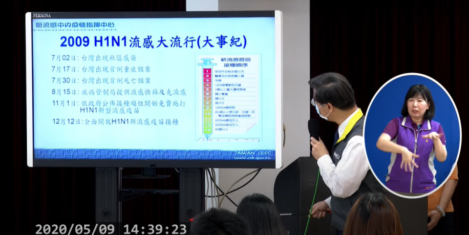 張上淳表示，一線醫護人員及災民為流感疫苗優先接種對象。   圖：翻攝自疾管署直播