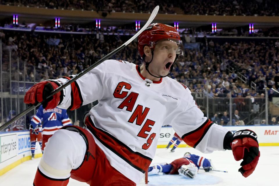NEW YORK, NEW YORK - MAY 13: Evgeny Kuznetsov #92 of the Carolina Hurricanes celebrates after a goal during the third period in Game Five of the Second Round of the 2024 Stanley Cup Playoffs at Madison Square Garden on May 13, 2024 in New York City.